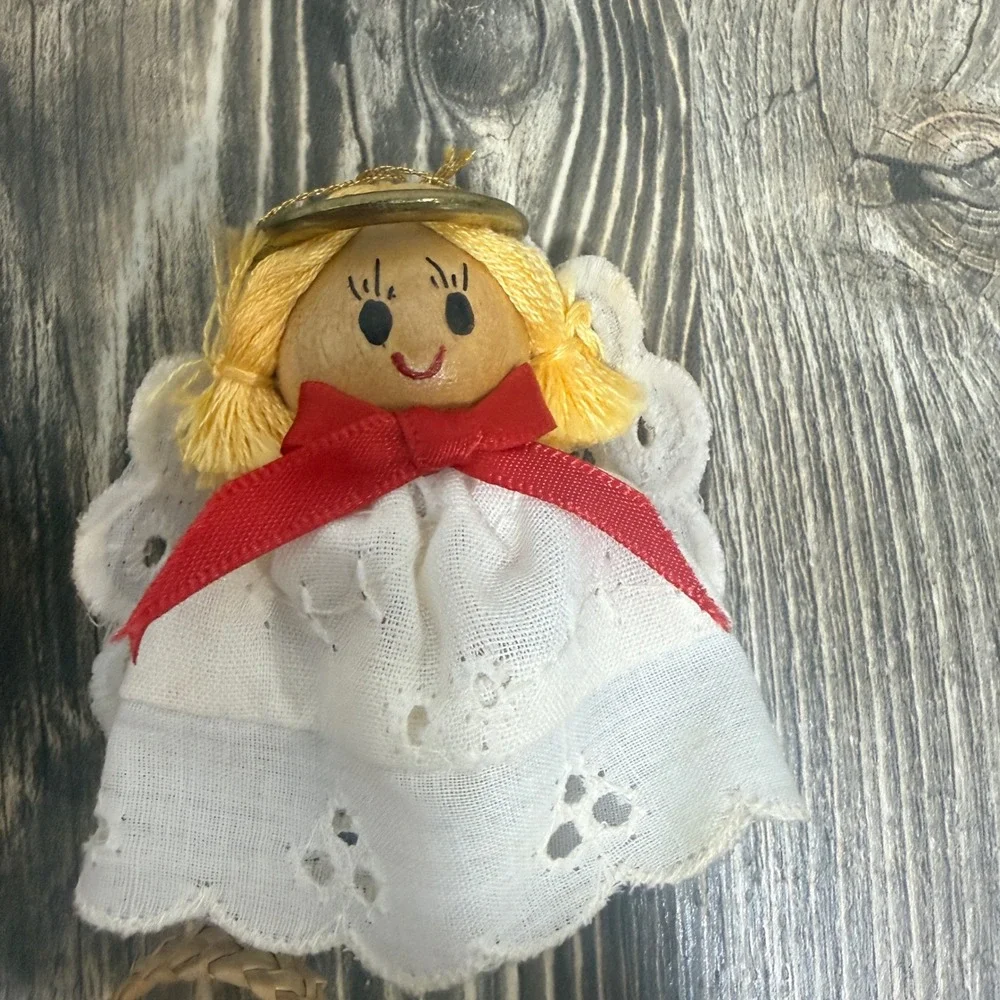 Vintage Angel Ornament Set 3pc Fabric Lace Woven Straw Christmas Folk Art Decor